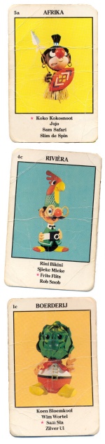 Enkele kaarten uit Jokie&#039;s Kwartet, t.w. Koko Kokosnoot, Frits Flits en Sam Sla.
