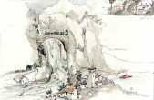 Ontwerp van <a href="/lemma/Anton_Pieck" title="Anton Pieck">Anton Pieck</a> voor het <a href="/lemma/Diorama" title="Diorama">Diorama</a>, uit YouTube-serie &quot;De Magische Klok&quot;.
