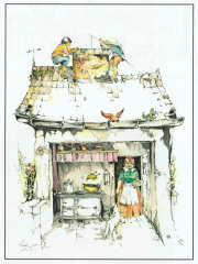 Ontwerp <a href="/lemma/Ton_van_de_Ven" title="Ton van de Ven">Ton van de Ven</a>, destijds in dienst bij <a href="/lemma/Heimo" title="Heimo">Heimo</a> (1967-1970), voor scène uit de verhalen van <a href="/lemma/Max_en_Moritz_(personages)" title="Max en Moritz (personages)">Max en Moritz (personages)</a>. De tweede streek: hengelen van de gebraden kip van Frau Bolte.