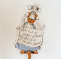 Ontwerp voor prullenmandornament van Melkmeisje door Anton Pieck - Scan uit &quot;Zijn we d&#039;r al?&quot;
