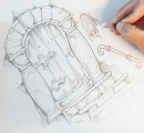 Ontwerp voor de deur in de grot van <a href="/lemma/De_Zes_Zwanen" title="De Zes Zwanen">De Zes Zwanen</a> door <a href="/lemma/Sander_de_Bruijn" title="Sander de Bruijn">Sander de Bruijn</a>. Bron: Uitsnede Instagram van Sander De Bruijn, fotograaf: Lars van den Brink