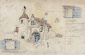 Schets <a href="/lemma/Anton_Pieck" title="Anton Pieck">Anton Pieck</a> voor de achterzijde van het huisje van <a href="/lemma/Hans_en_Grietje" title="Hans en Grietje">Hans en Grietje</a>, gedateerd 1955