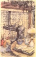 Anton Pieck: Plattebuiskachel met huisdieren. Op tafel een kruidenboek. Uit: Geliefde zoon, 1955 (conté/aquarel).
