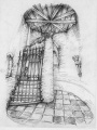 Ontwerp van de uitgang van het kasteel van de stiefmoeder van <a href="/lemma/Sneeuwwitje" title="Sneeuwwitje">Sneeuwwitje</a> door <a href="/lemma/Henny_Knoet" title="Henny Knoet">Henny Knoet</a>. Bron: Tovertafel <a href="/lemma/Efteling_Museum" title="Efteling Museum">Efteling Museum</a>