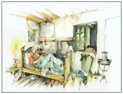 Ontwerp <a href="/lemma/Ton_van_de_Ven" title="Ton van de Ven">Ton van de Ven</a>, destijds in dienst bij <a href="/lemma/Heimo" title="Heimo">Heimo</a> (1967-1970), voor scène uit de verhalen van <a href="/lemma/Max_en_Moritz_(personages)" title="Max en Moritz (personages)">Max en Moritz (personages)</a>. Hun vijfde streek: meikevers in het bed van Oom Fritz.