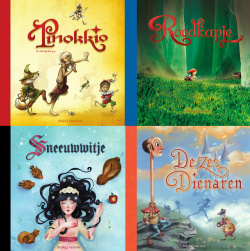 Covers van kloksgewijs vanaf linksboven: Pinokkio, Roodkapje, De Zes Dienaren en Sneeuwwitje