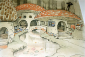 Ontwerp <a href="/lemma/Paddenstoelendorp" class="mw-redirect" title="Paddenstoelendorp">Paddenstoelendorp</a> tentoongesteld op de <a href="/lemma/Anton_Pieck-tentoonstelling_(1995)" title="Anton Pieck-tentoonstelling (1995)">Anton Pieck-tentoonstelling (1995)</a> in de <a href="/lemma/Dioramahal" class="mw-redirect" title="Dioramahal">Dioramahal</a>