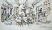 Ontwerpschetsje van <a href="/lemma/Anton_Pieck" title="Anton Pieck">Anton Pieck</a> voor De Wolf en de Zeven Geitjes (scan uit <a href="/lemma/Kroniek_van_een_Sprookje" title="Kroniek van een Sprookje">Kroniek van een Sprookje</a>)