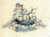 Ontwerp van de oorspronkelijke pre-1975 grot van <a href="/lemma/Sneeuwwitje" title="Sneeuwwitje">Sneeuwwitje</a> door <a href="/lemma/Anton_Pieck" title="Anton Pieck">Anton Pieck</a>