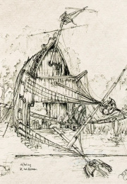 Uitsnede ontwerp van <a href="/lemma/Karel_Willemen" title="Karel Willemen">Karel Willemen</a> voor een scheepswrak als decoratie langs de buitenbaan van <a href="/lemma/De_Vliegende_Hollander" title="De Vliegende Hollander">De Vliegende Hollander</a>.