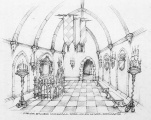 Ontwerptekening voor het interieur van het kasteeltje van de stiefmoeder door Henny Knoet.