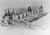 Ontwerp voor het Herautenplein door Anton Pieck met een alternatieve plaatsing van de Magische Klok, bron: onbekend