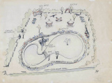 Ontwerp van <a href="/lemma/Anton_Pieck" title="Anton Pieck">Anton Pieck</a> voor speeltuin <a href="/lemma/Kleuterhof_(1960)" title="Kleuterhof (1960)">Kleuterhof (1960)</a>, met een onuitgevoerde poort met Zeemeerminnen, een volière, rozenboog en begroeide pergola.