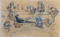 Ontwerptekening voor <a href="/lemma/Sneeuwwitje" title="Sneeuwwitje">Sneeuwwitje</a> door <a href="/lemma/Anton_Pieck" title="Anton Pieck">Anton Pieck</a>.