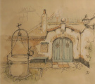 Ontwerp uit 1984 van de binnenplaats <a href="/lemma/Anton_Pieck_Museum" title="Anton Pieck Museum">Anton Pieck Museum</a> door de eponieme kunstenaar, met links het <a href="/lemma/Putje_van_Assisi" title="Putje van Assisi">Putje van Assisi</a>