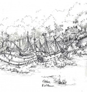 Uitsnede ontwerp van <a href="/lemma/Karel_Willemen" title="Karel Willemen">Karel Willemen</a> voor een scheepskerkhof als decoratie langs de buitenbaan van <a href="/lemma/De_Vliegende_Hollander" title="De Vliegende Hollander">De Vliegende Hollander</a>.