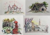 Enkele afbeeldingen op een Efteling souvenir briefpapierset, getekend door <a href="/lemma/Henk_Potters" title="Henk Potters">Henk Potters</a>, jaren vijftig.