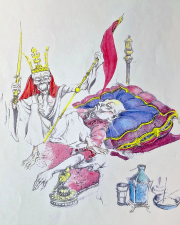 Ontwerp van <a href="/lemma/Ton_van_de_Ven" title="Ton van de Ven">Ton van de Ven</a> voor de Dood op de borst van de keizer voor de 1999 versie van de <a href="/lemma/Chinese_Nachtegaal" class="mw-redirect" title="Chinese Nachtegaal">Chinese Nachtegaal</a>. Onderin enkele rijkdommen van de keizer waaronder de gouden nachtegaal.