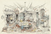 Interieurontwerp woonkamer van de Zeven Geitjes door Anton Pieck - Scan uit: &#039;En ze leven nog lang en gelukkig&#039; (2019)