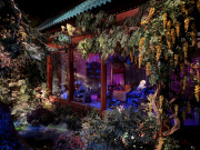 De veranda van de keizer van China in zijn tuin, met op de tak de echte nachtegaal.