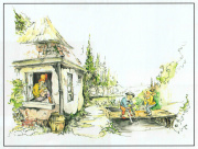 Ontwerp <a href="/lemma/Ton_van_de_Ven" title="Ton van de Ven">Ton van de Ven</a>, destijds in dienst bij <a href="/lemma/Heimo" title="Heimo">Heimo</a> (1967-1970), voor scène uit de verhalen van <a href="/lemma/Max_en_Moritz_(personages)" title="Max en Moritz (personages)">Max en Moritz (personages)</a>. Hun derde streek: het doorzagen van het bruggetje voor het huis van kleermaker Böck.