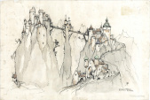 Ontwerp van <a href="/lemma/Anton_Pieck" title="Anton Pieck">Anton Pieck</a> voor het <a href="/lemma/Diorama" title="Diorama">Diorama</a>. Bijschriften: &quot;kasteel&quot;, &quot;treindiorama&quot;.