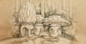 Herontwerp &#039;Paddenstoelenparcours&#039; in het <a href="/lemma/Kabouterdorp" title="Kabouterdorp">Kabouterdorp</a> door Karel Willemen, naar aanleiding van de herbouw in 2023 - Tekening: via Efteling blog.