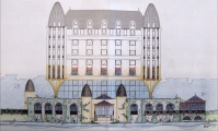 Uitbreidingsplan voor het <a href="/lemma/Efteling_Hotel" title="Efteling Hotel">Efteling Hotel</a>, november 2005, door <a href="/lemma/Ronald_Donkers" title="Ronald Donkers">Ronald Donkers</a>. Voorgevelaanzicht van de beoogde situatie.