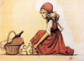Ontwerp voor de eerste uitbeelding van <a href="/lemma/Roodkapje" title="Roodkapje">Roodkapje</a> door <a href="/lemma/Anton_Pieck" title="Anton Pieck">Anton Pieck</a> uit <a href="/lemma/Anton_Pieck_en_de_wonderbaarlijke_geschiedenis_van_de_Efteling" title="Anton Pieck en de wonderbaarlijke geschiedenis van de Efteling">Anton Pieck en de wonderbaarlijke geschiedenis van de Efteling</a>