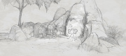 Ontwerp / storyboard voor een scène uit de hoofdshow van <a href="/lemma/Fabula" title="Fabula">Fabula</a>: de struise vogel en eekhoorn in gevaar op de savanne.