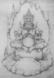 Zwart-wit versie ontwerptekening <a href="/lemma/Oosterse_Geest" title="Oosterse Geest">Oosterse Geest</a> door <a href="/lemma/Ton_van_de_Ven" title="Ton van de Ven">Ton van de Ven</a>, zoals getoond op <a href="/lemma/Efteling:_De_tentoonstelling" title="Efteling: De tentoonstelling">Efteling: De tentoonstelling</a>.
