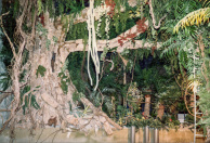 Jungle, 01-1986. De grote boom rechts van de eerste kalief. De uitsparing in het midden van de boom is gemaakt voor de later te plaatsen slangenanimatronic die daar kant en klaar in gestoken wordt.