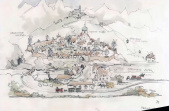 Ontwerp van <a href="/lemma/Anton_Pieck" title="Anton Pieck">Anton Pieck</a> voor het <a href="/lemma/Diorama" title="Diorama">Diorama</a>, uit YouTube-serie &quot;De Magische Klok&quot;.