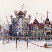 Uitsnede ontwerp van <a href="/lemma/Karel_Willemen" title="Karel Willemen">Karel Willemen</a> voor de gevel van <a href="/lemma/De_Vliegende_Hollander" title="De Vliegende Hollander">De Vliegende Hollander</a> in een eerder stadium.