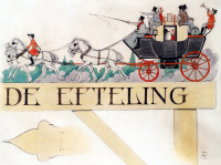 Ontwerp voor de wegwijzer op de Europalaan door <a href="/lemma/Anton_Pieck" title="Anton Pieck">Anton Pieck</a>, verkrijgbaar als postkaart in de Efteling in 2019.