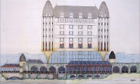 Uitbreidingsplan voor het <a href="/lemma/Efteling_Hotel" title="Efteling Hotel">Efteling Hotel</a>, november 2005, door <a href="/lemma/Ronald_Donkers" title="Ronald Donkers">Ronald Donkers</a>. Zijgevelaanzicht van de beoogde situatie.