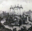 Schets van het kasteel en omgeving voor het sprookje van <a href="/lemma/Doornroosje" title="Doornroosje">Doornroosje</a>. Bron: <a href="/lemma/Kroniek_van_een_Sprookje" title="Kroniek van een Sprookje">Kroniek van een Sprookje</a>