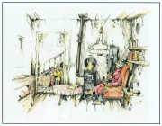 Ontwerp <a href="/lemma/Ton_van_de_Ven" title="Ton van de Ven">Ton van de Ven</a>, destijds in dienst bij <a href="/lemma/Heimo" title="Heimo">Heimo</a> (1967-1970), voor scène uit de verhalen van <a href="/lemma/Max_en_Moritz_(personages)" title="Max en Moritz (personages)">Max en Moritz (personages)</a>. De vierde streek: pijp van Meester Lämpel vullen met buskruit.